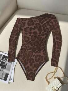 Body entero sensual  2026 manga larga estampado leopardo hombro transparente asimétrico ceñido estilo chica hot otoño invierno - Marrón - Ver 10