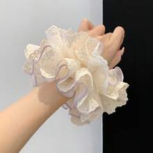 1件女款甜美可愛柔軟優雅大號髮圈髮飾，適合日常與節日穿著 - 米色紫邊 - 查看 5