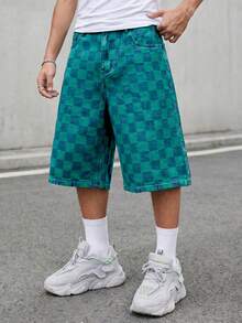 Men's Casual Loose Plaid Denim Knee-Length Shorts, Retro Street Fashion For Spring & Summer - Blue - View 3