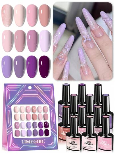  LIMEGIRL 12-Piece Jelly Nail Polish Set - Macaron Pink, Yellow, Green, Blue Colors Glitter Nail Polish Gift Set For Women, Summer
