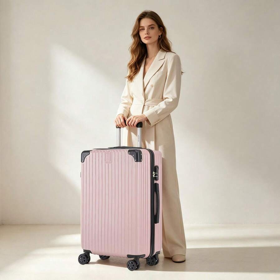 YONSLY Lightweight Suitcase 20/24/28 Inches With Combination Lock 4 Wheels 360° Double Zipper Mesh Pocket Soft Rubber Handle Trolley Suitcase - 玫瑰金 - 查看 1