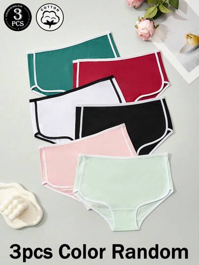 3pcs/Pack Women's Random Color Pure Cotton Panties, Soft & Comfortable Casual Minimalist Triangle Underwear, Colorblock Sports Style, Suitable For Home & Outdoor Wear All Seasons