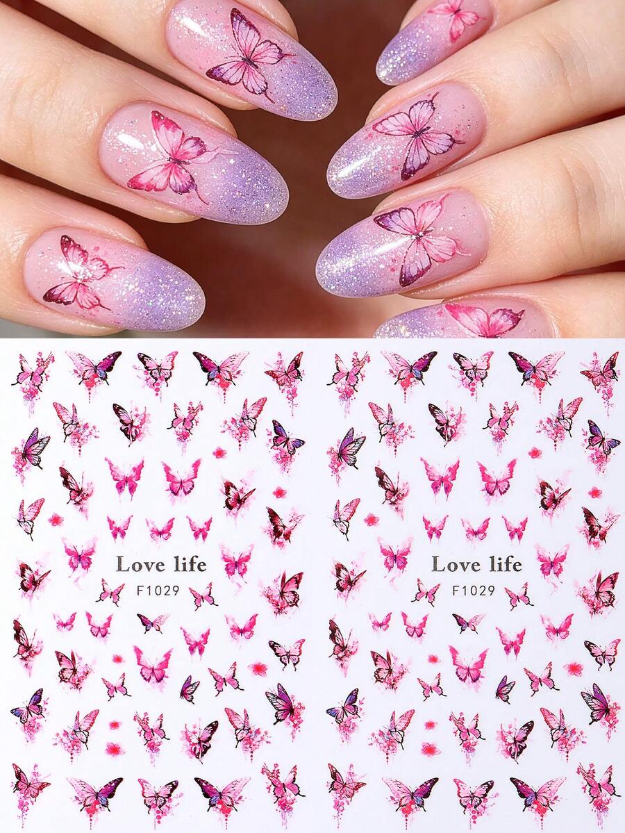 2pcs Pink Butterfly Pattern Nail Art Stickers, Nail Decor For Summer & Spring - Multicolor - View 1
