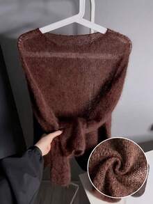 Caramel Color Mohair Knit Sweater, Korean Soft Style Boat Neck Loose Oversized Thin Long Sleeve Pullover For Women - Brown - View 6