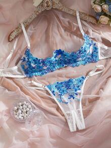 Sexy Lingerie: Romantic Blue Floral Embroidered Lace Bra Set. Alluring Sheer Mesh Bra Set - Blue - View 1