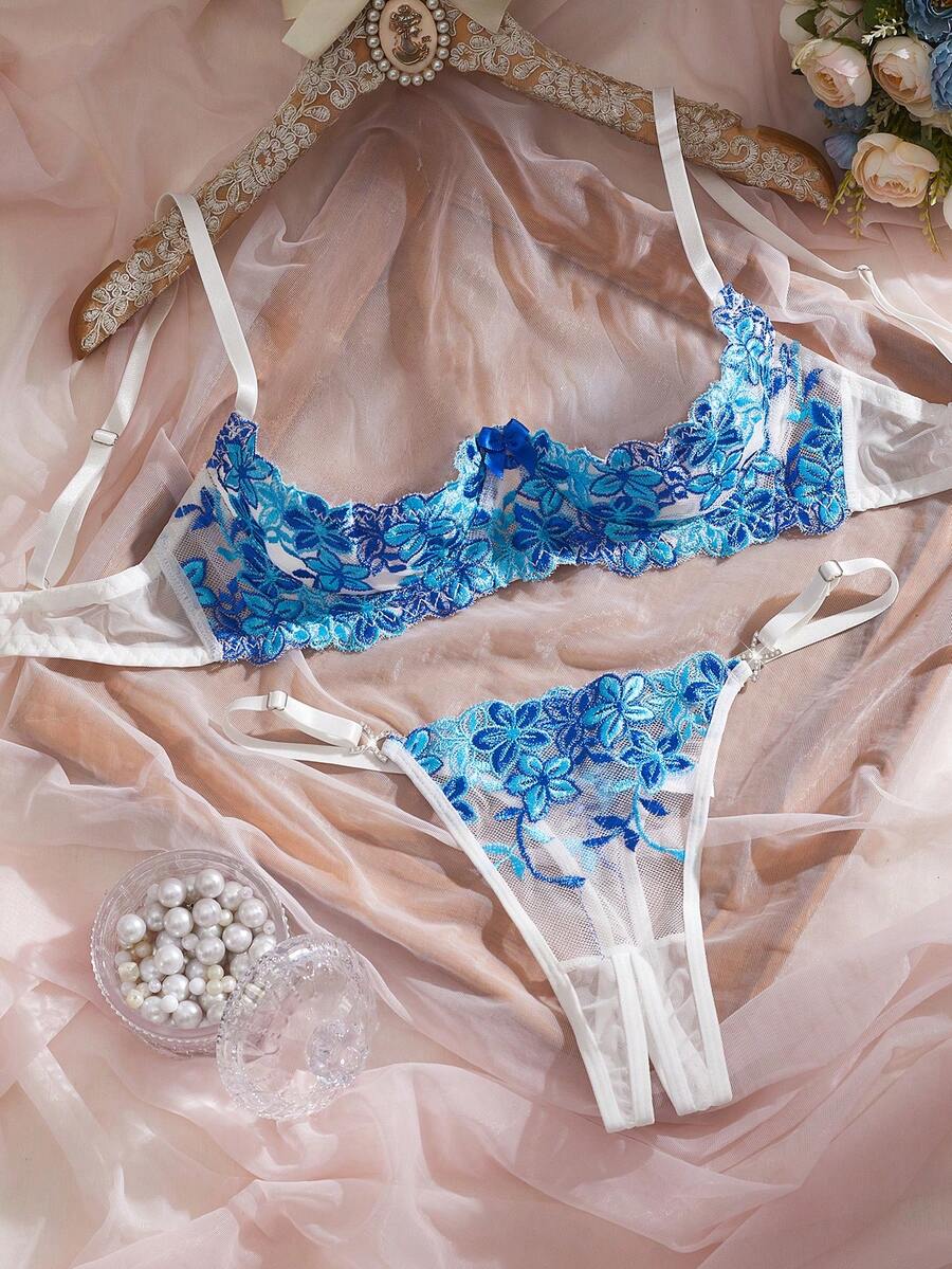 Sexy Lingerie: Romantic Blue Floral Embroidered Lace Bra Set. Alluring Sheer Mesh Bra Set - Blue - View 1