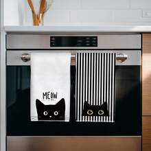 2 buah Handuk Dapur Mikrofiber Super Lembut Motif Kucing Hitam & Garis-garis Lucu, Ukuran Persegi Panjang 40*60cm, Kain Lap Piring, Handuk Tangan, Dekorasi Dapur & Rumah, Hadiah Pindah Rumah, Cocok Untuk Dapur Dan Kamar Mandi, Sangat Cocok Untuk Ibu Rumah Tangga Dan Pertemuan Keluarga, Perlengkapan Rumah Tangga Berkualitas Tinggi dan Hemat Biaya - Hitam dan Putih - View 5
