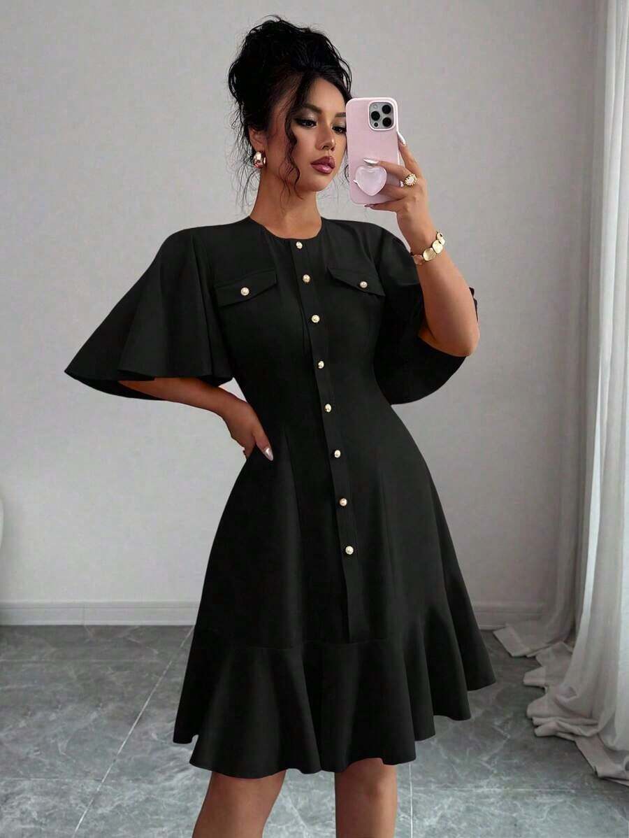 Vestido mini elegante de manga corta con bajo acampanado y patchwork - Negro - Ver 1