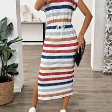 Women's Striped Round Neck Waist Tie Casual Long Dress - Multicolor - Ver 5