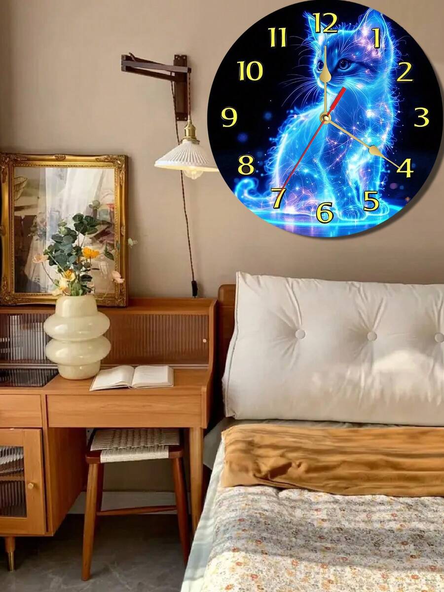 1pc 10-Inch/12-Inch Glowing Cat Wooden Wall Clock, Charming Silent | Large Roman Numerals, Perfect For Bedroom And Cat Lover Decor | Perfect Gift For Cat Lovers, Battery Operated (AA Battery), Decorative Wall Clock, Fun Decor, Glowing Cat Artwork, Cat Lover Gift - Multicolor - View 1
