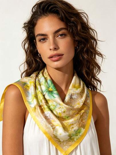 1条水彩花卉印花缎面围巾，尺寸65x65厘米，轻盈百搭，四季皆宜，可作颈巾，适合日常外出、聚会和旅行。