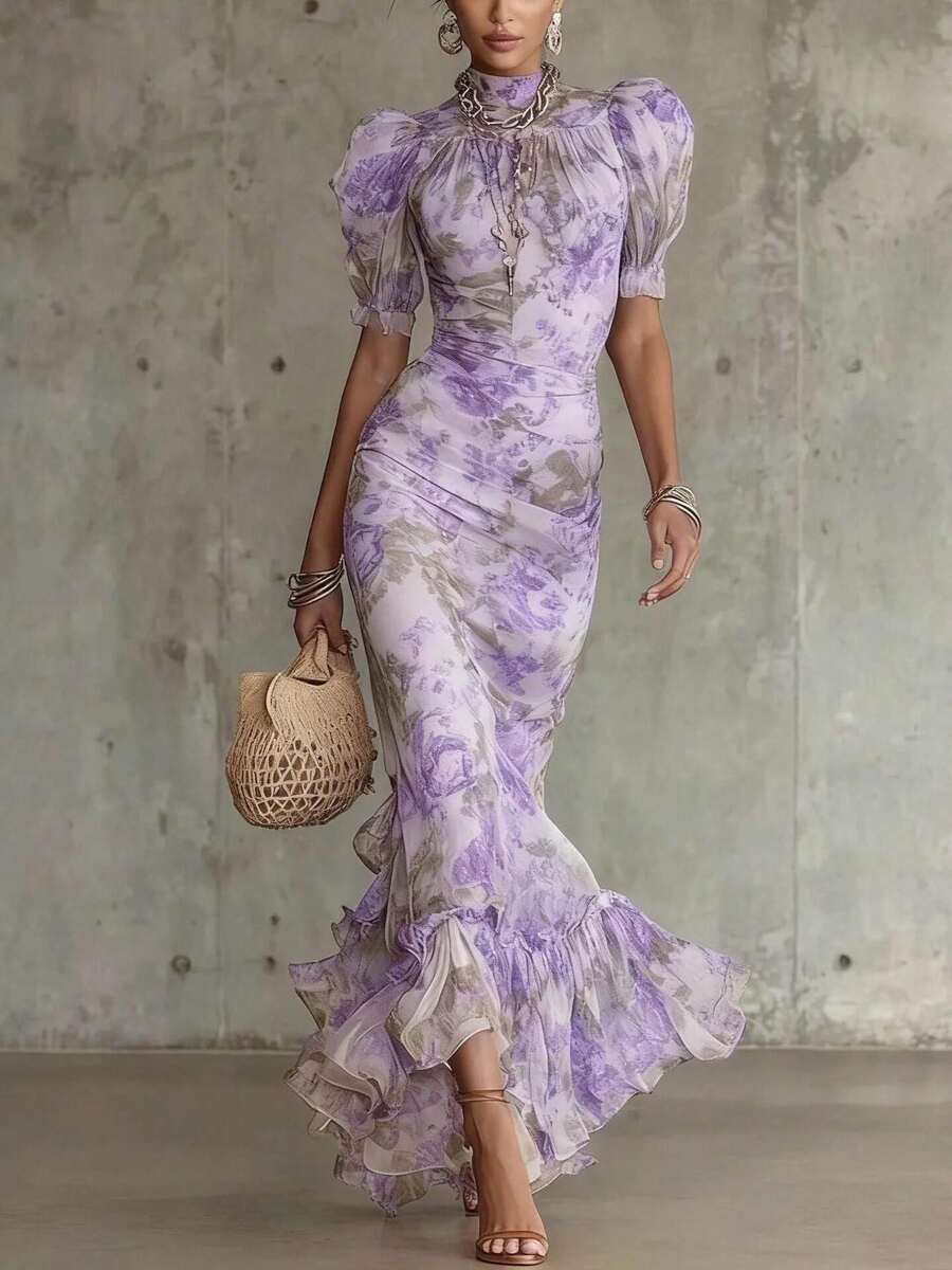 Women's Vintage Jacquard Maxi Dress With Flounce Sleeves And Asymmetrical Neck, Elegant Long Bodycon Floral Print Formal Mother's Day Outfit - 紫色印花 - 查看 1