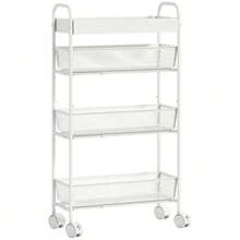 Küchenwagen Aus Metall, 3 Körbe, Schmales Design, 4 Räder, Für Küche, Wohnzimmer, Badezimmer, Weiß - White - View 6