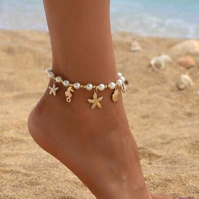 1pc Alloy Ocean Life Tassel Pendant Anklet, Handmade Jewelry With Classic Faux Pearl, Suitable For Daily Wear, Beach Party, Date, Travel