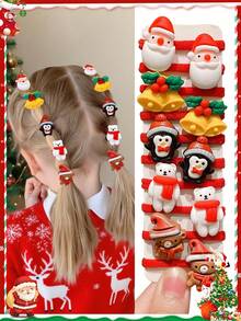 10pcs Multi-Color Fashionable Fun Santa Claus, Christmas Tree, Snowman, Penguin, Christmas Stocking Design Christmas Hair Ties, Suitable As Christmas Party Gifts For Cute Girls - Multicolor - View 8