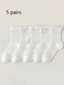 5 Pairs Girls' Socks, Lightweight & Breathable, White Princess Style, Sweet & Cute Student Socks For Daily School Wear - White - View 10