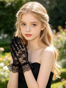 1 Pair Black Lace Gloves Suitable For Teenage Girls, Elegant Sheer Mesh Gloves With Bow Tie, Multiple Styles Suitable For Weddings, Parties, Halloween And Vintage Outfits - Black - View 6