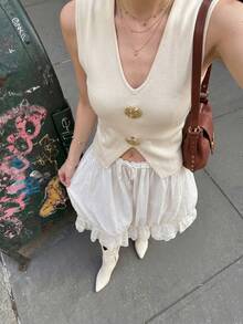 2026 Women's New V-Neck Sleeveless Fitted Short Knit Vest, With 3D Large Gold Decor Button, Front & Side Hollow Design, Relaxed Fit Sexy Style, Suitable For Daily Wear, Cafe, Work, Short Date, Vacation Summer - Apricot - View 5