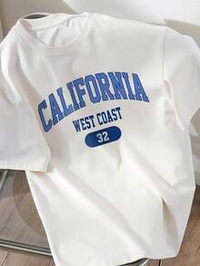 Camiseta de Mujer con Estampado '32' de la  Oeste de California |   Camiseta casual de manga corta y cuello redondo, estampado geométrico, letras blancas y azules, un artículo imprescindible para primavera y otoño, camiseta de mujer, ropa de primavera y otoño, camisa de corte holgado, top de tela suave. - Blanco - Ver 6