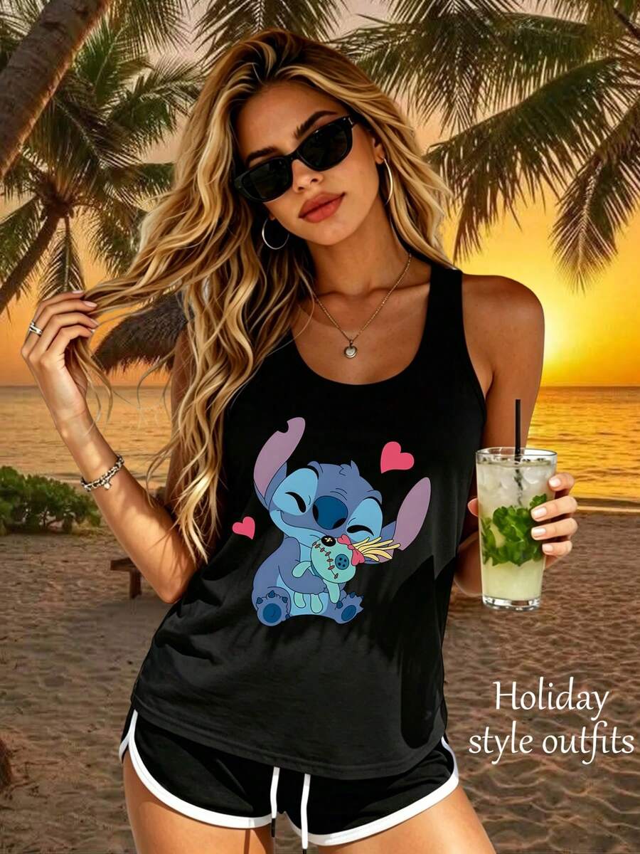 Women'S Vest, Summer Casual Top, "Disney" Cute Stitch Hugging Doll Heart-Shaped Love Heart Surrounded By Sweet Print Clothing, Casual Versatile Seaside Play Clothing, Suitable For Daily Wear, Seaside Vacation Wear Women'S Clothing, Vest Top - 黑色 - 查看 1