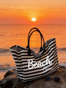 Beach Please 条纹大容量沙滩手提包套装，休闲编织手提包搭配同款拉链收纳袋，轻便夏季旅行包，适合沙滩旅行、泳池派对、度假和日常购物，可收纳泳衣、毛巾、化妆品和沙滩必备用品，适合女性、女孩、旅行者和沙滩爱好者，是复活节、暑假、生日和节日送礼的完美之选，多功能用途，可用作沙滩包、手提包、泳池包和旅行收纳包。 - 彩色 - 查看 6