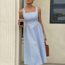 Women Striped Print Square Neck Sleeveless Mid-Calf Summer Dress Vacation Casual Blue Holiday Resort - Rosa vieja - Ver 5