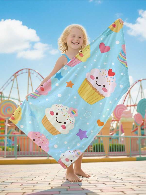 1pc Cute Cake Design Kids Beach Towel, Super Absorbent Large Beach Blanket, Suitable For Travel, Swimming Pool, Diving, Surfing, Yoga, Camping, Available In Multiple Sizes, Beach Accessories
