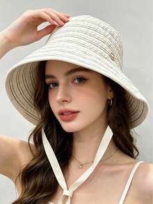 1pc Women's Sun Protection Striped Bucket Hat With Tied, Large Brim Sun Hat With Windproof Rope,Travel Beach Seaside Vacation Play Daily Use - Multicolor - View 3