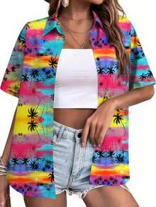Hawaiian Shirts For Women Tropical Floral Button Down Short Sleeve Blouses Summer Beach Shirt Vacation Tops, 5XL Oversize Soft Cool V Neck - 熱帶椰子粉 - 查看 1