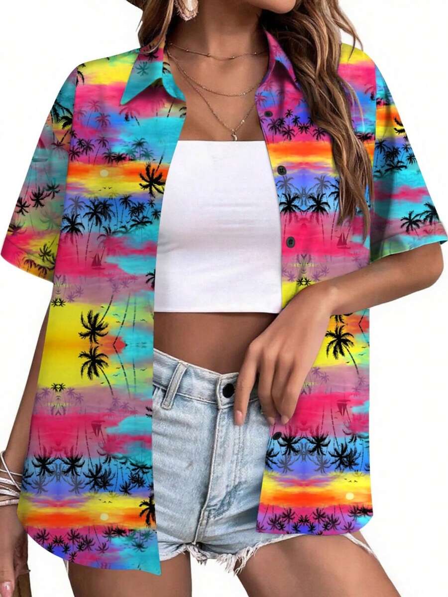 Hawaiian Shirts For Women Tropical Floral Button Down Short Sleeve Blouses Summer Beach Shirt Vacation Tops, 5XL Oversize Soft Cool V Neck - 熱帶椰子粉 - 查看 1
