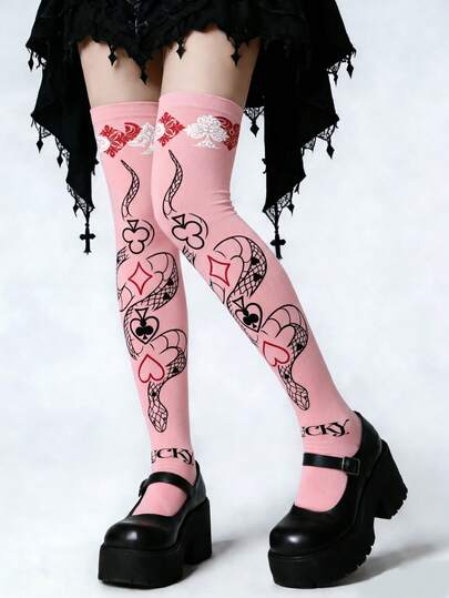 1 Pair Pink & Black Snake Print Over-The-Knee Socks, Playing Card Elements, "Lucky" Design, Street Fashion Over-The-Knee Socks For Women, Comfortable Summer Outfit