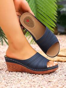 Women's Summer Casual Versatile Commuting Slip-On Sandals, Simple & Generous Open Toe Perforated Vamp Platform Mules With Polka Dot Textured Insole - Blue - View 3