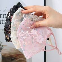 Máscara facial de verano para mujer, fina, bordada, con flores de lentejuelas, velo de encaje 3D estereoscópico, transpirable y lavable - Multicolor - Ver 1