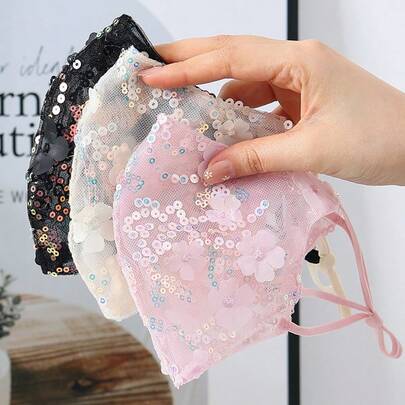 Máscara facial de verano para mujer, fina, bordada, con flores de lentejuelas, velo de encaje 3D estereoscópico, transpirable y lavable