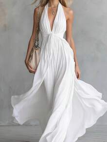 Women's Halterneck Sexy Solid Color V-Neck Low-Cut Sleeveless Lace-Up Waist Dress Casual Loose Getaway - 白色 - 查看 2