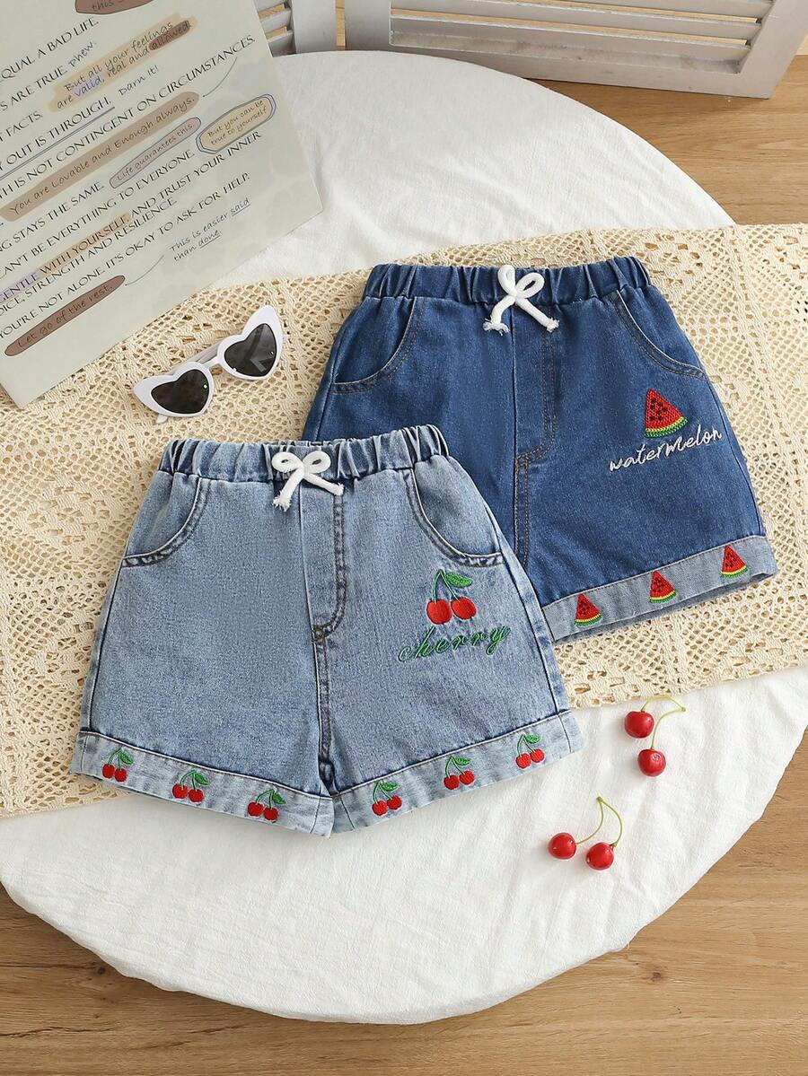 2pcs/Set Girls Summer Watermelon Cherry Embroidered Denim Shorts, Street Style Hemline Casual Denim Pants For Young GirlVacation - Multicolor - View 1