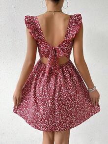 Vestido de estilo bohemio con estampado floral y mangas cortas para vacaciones y atuendo de playa - Rojo - Ver 12