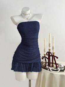 Vestido de verano con volantes con lentejuelas y sin tirantes para mujer - Azul marino - Ver 12