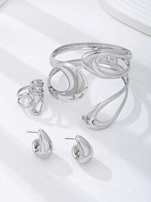 Set de 4 piezas de joyería de moda con anillo, pulsera y aretes con forma de gota de agua geométrica hueca de metal para mujeres - Plateado - Ver 5