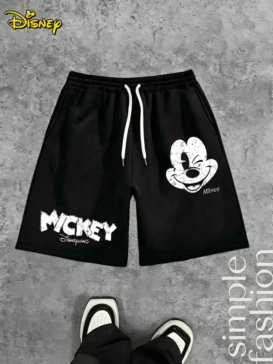 Disney Men's Black Drawstring Shorts | American Retro Mickey Pattern Print | Street Casual Style - 黑色 - 查看 1