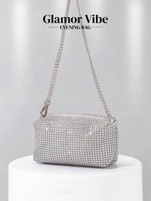 Sparkling Allover Rhinestone Silver Evening Bag, Shiny Sequin Square Crossbody Bag With Detachable Chain, Suitable For Wedding, Cocktail Party, Prom, Beach, Banquet - Silver - View 7