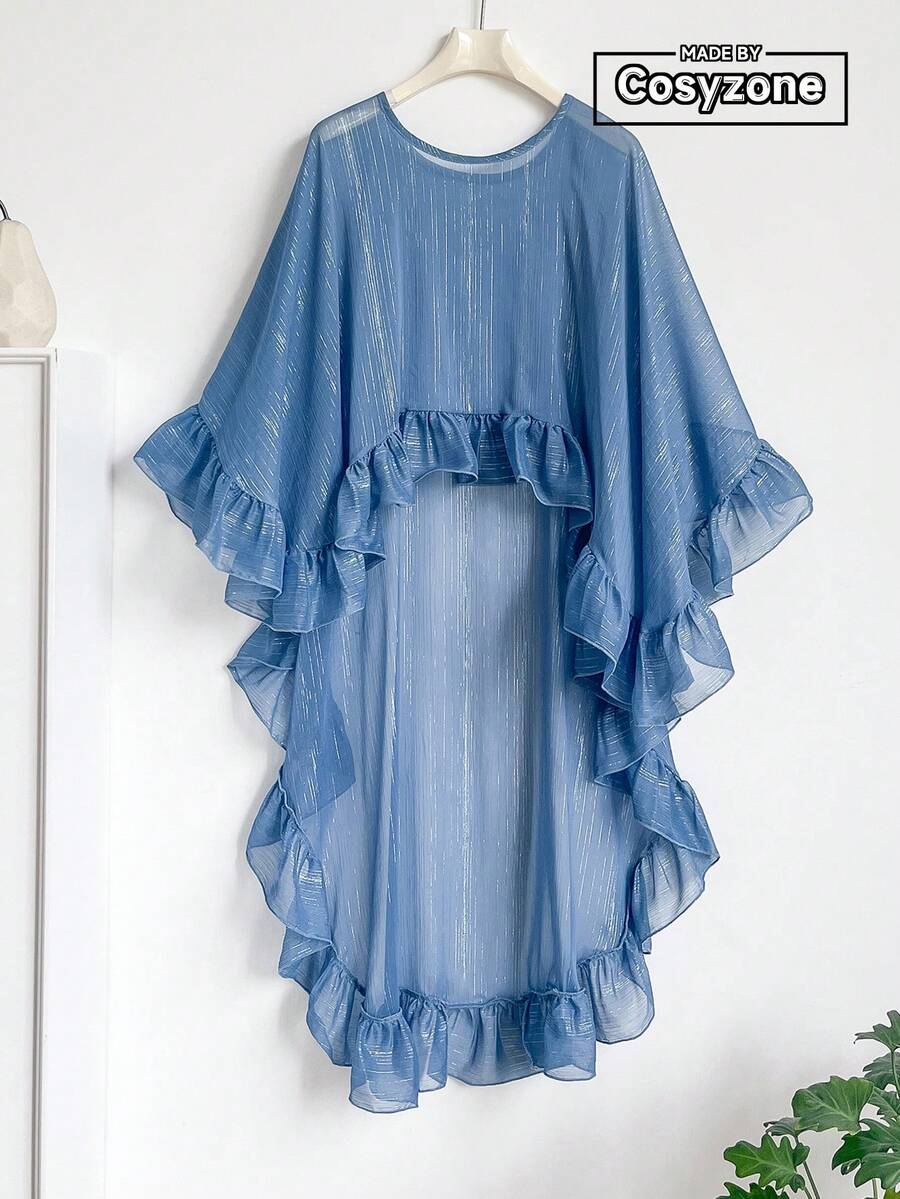 1 pieza Diseño minimalista de unicolor Chal de cuello redondo con volantes de hilo plateado, chal ligero y versátil de gasa asimétrico de moda para mujer, multifuncional para protección solar de verano, accesorios, vacaciones - Azul - Ver 1