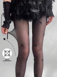 Celana Ketat Transparan Gaya Lolita, Dekorasi Pita dan Rhinestone, Elastisitas Tinggi, Warna Hitam - MultiWarna - View 11