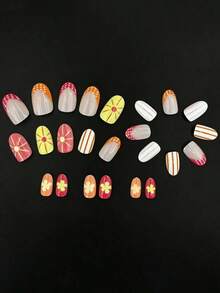 24pcs Summer Starfish & Mushroom Nail Stickers, Oval Nails, Vibrant Summer Style Combining Coral Pink, Mint Green, Starfish & Mushroom Elements, Glossy, Full Coverage Oval Nails, Suitable Beach, Commute, Party, Work And Other Occasions Women! - 彩色 - 查看 10