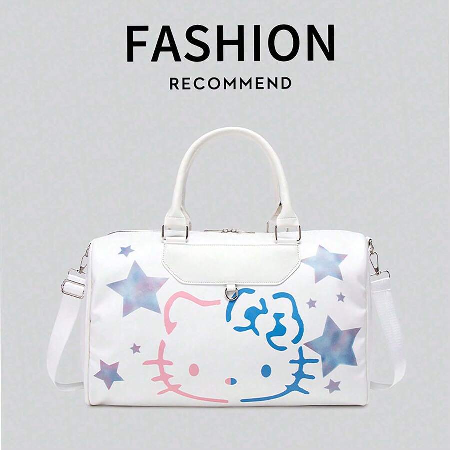 SANRIO Túi xách du lịch thể dục dung tích lớn thời trang mới nhất [Túi thể dục du lịch] Túi tote in hình Katie, Túi du lịch màu trắng, Túi tập yoga ngắn ngày bằng chất liệu PU mới, Túi đeo vai kiểu hoạt hình ngôi sao màu hồng và xanh dương dễ thương, Túi xách đa chức năng với khóa kéo đôi, Ngăn chính + Dây đeo điều chỉnh được, Đế đinh tán kim loại, Quà tặng Ngày của Mẹ/Ngày Valentine/Sinh nhật/Quà tặng thời trang thường ngày - Nhiều màu - Xem 1