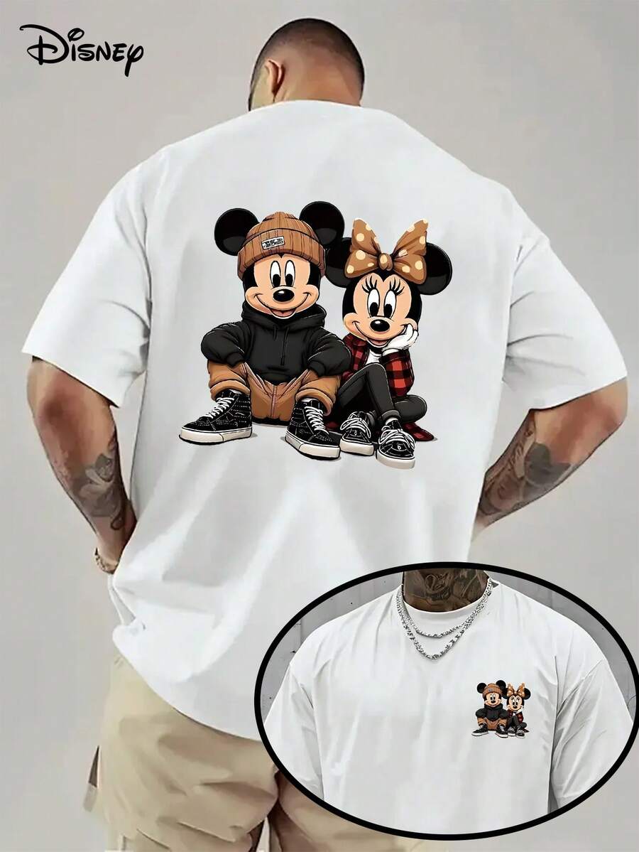 Disney Officially Licensed Item, Featuring A Cool Mickey And Minnie Design, This Short-Sleeve Cartoon Character Print Top Is A Comfortable Black Casual Shirt For Men, Perfect For Summer With Its Loose, Breathable Round Neck T-Shirt Style - trắng - Xem 1