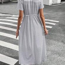 Women Striped Round Neck Short Sleeve Drawstring Waist Pocket Casual Mid-Length Dress,Summer Dresses For Women Vacation Holiday Resort - Multicolor - Ver 8