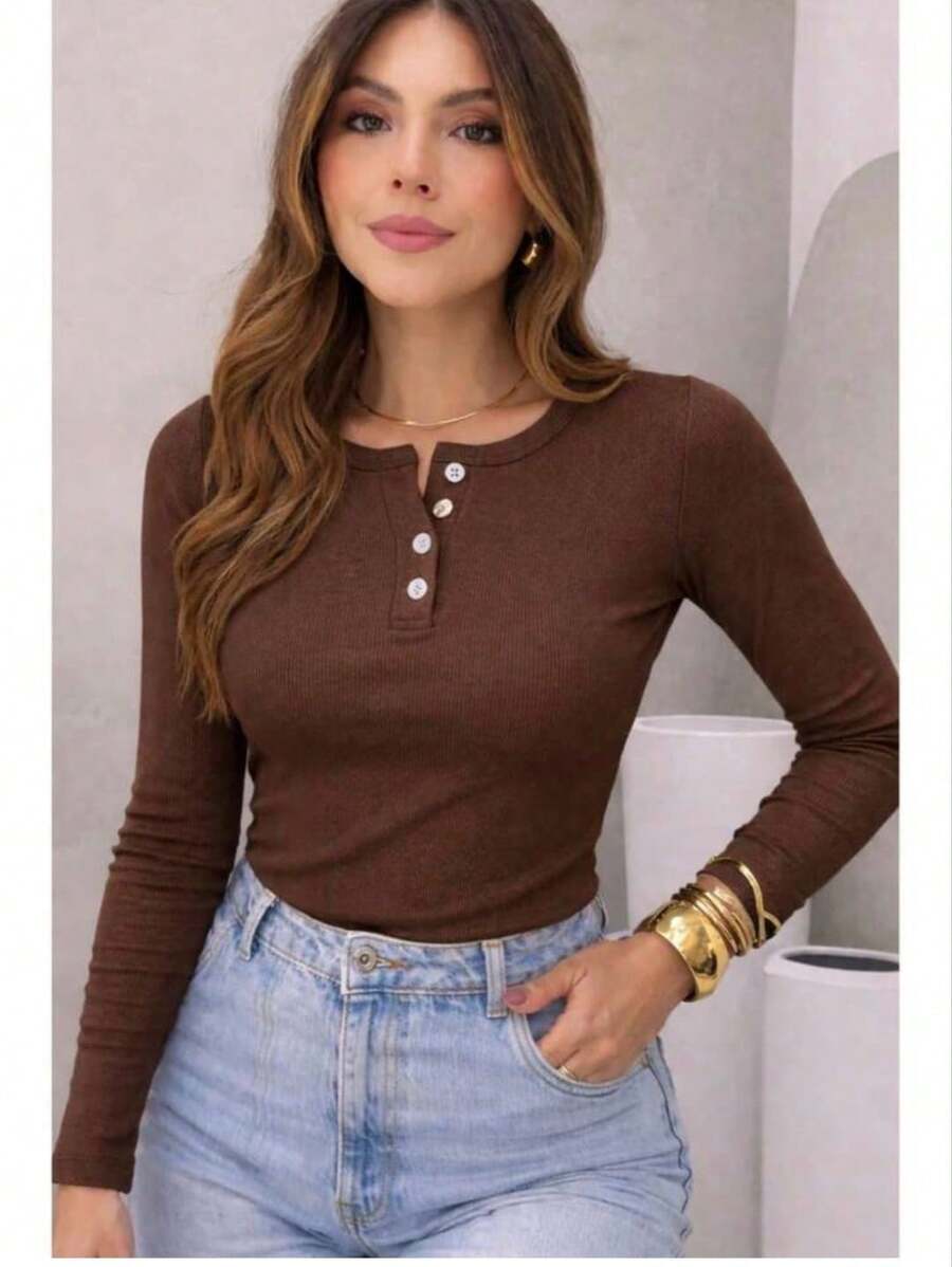 Women's Ribbed Cotton Blouse With Round Neck And Front Button, Long Sleeves, Comfortable. - Rust Brown - View 1