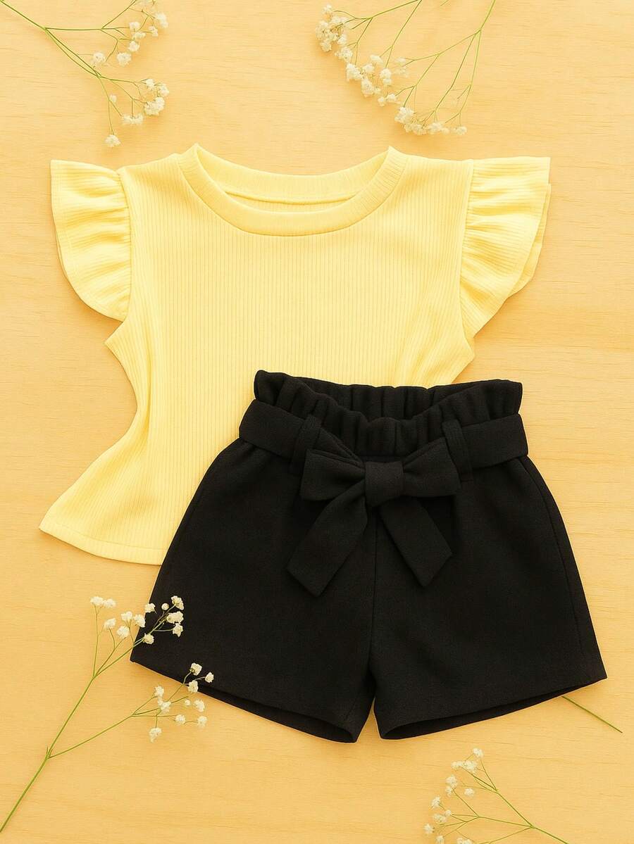 Children's And Teen Set: Cropped Blouse With Ruffles And Ribbed Detail + Linen Clochard Shorts. 2-Piece Set For Girls And Teenagers CJI033 - 黑黃寶寶 - 查看 1