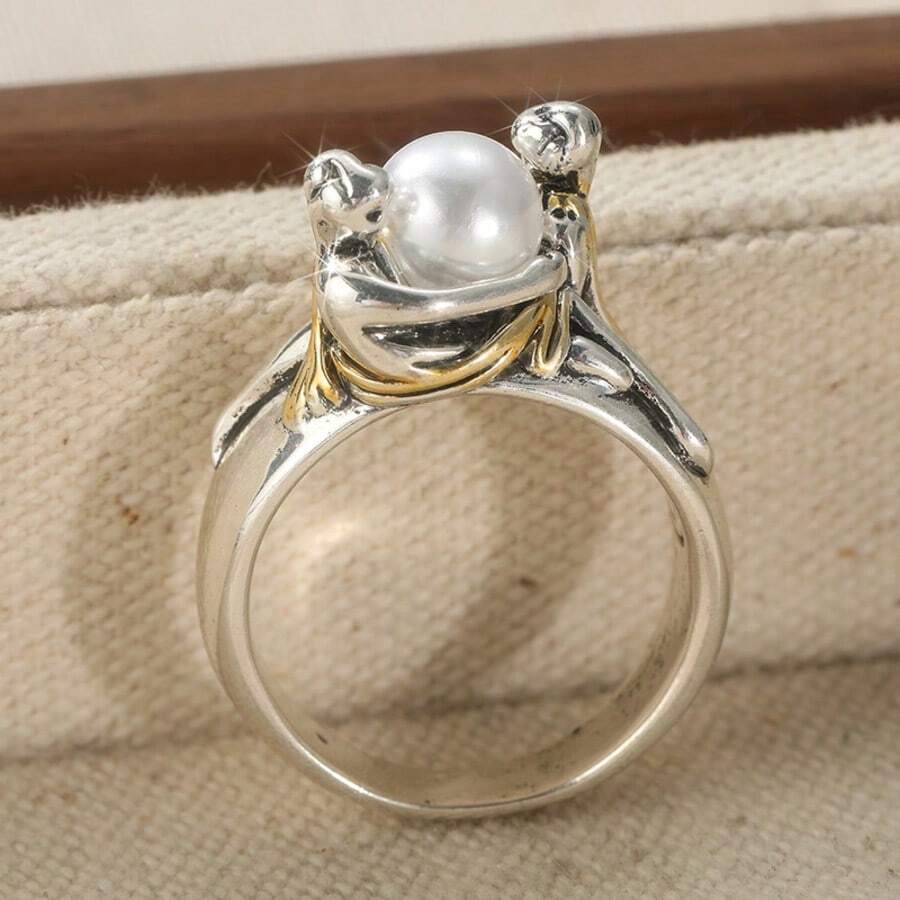 Nhẫn đồng cổ điển thủ công khảm ngọc trai giả kiểu Bohemian dành cho nữ - Bạc - Xem 1